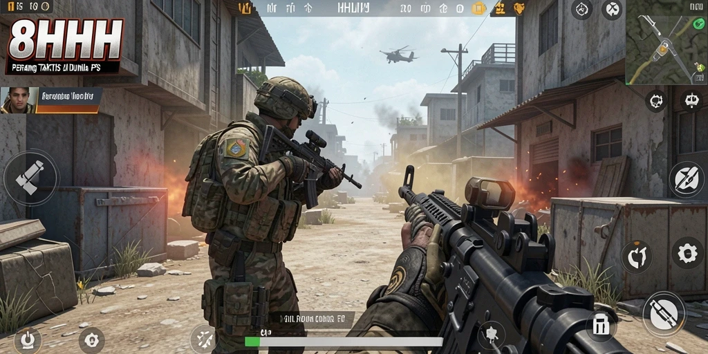 Screenshot gameplay 8HHH menampilkan aksi tembak-menembak yang intens.