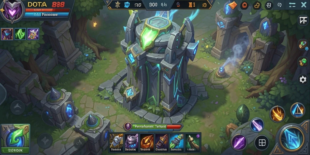 Screenshot gameplay DOTA88 menampilkan menara yang siap menghadapi gelombang musuh.