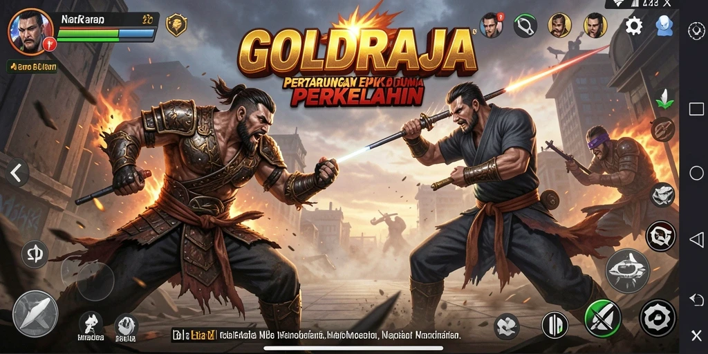 Tangkapan layar menampilkan karakter bertarung dalam arena GOLDRAJA yang seru.