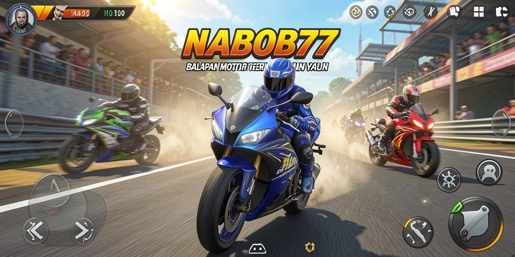 Tangkapan layar menunjukkan aksi balapan motor yang mendebarkan di NABOB77.