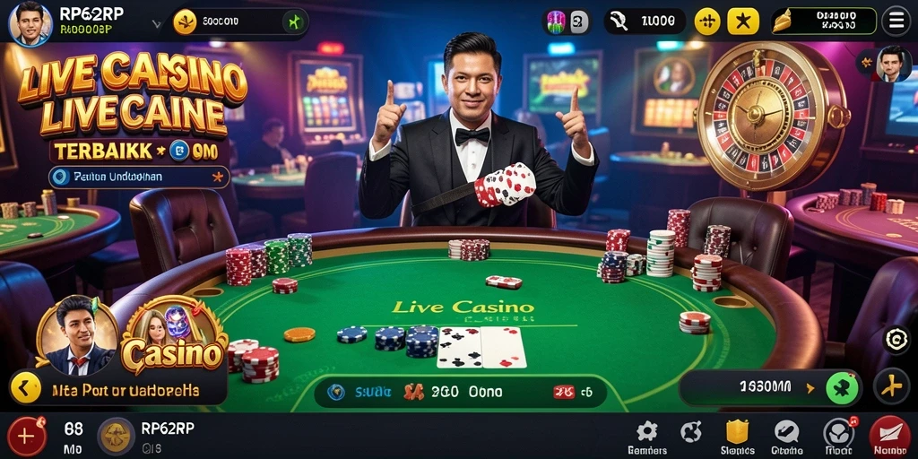 Screenshot gameplay RP62RP yang menampilkan dealer langsung dan suasana kasino.
