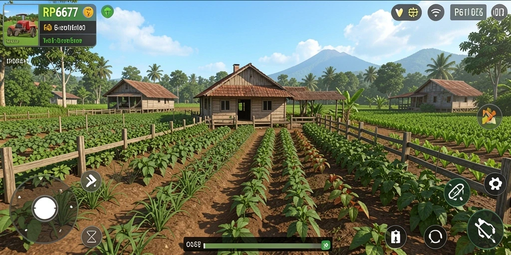Gameplay seru RP6677 dengan ladang yang luas dan tanaman berwarna-warni.