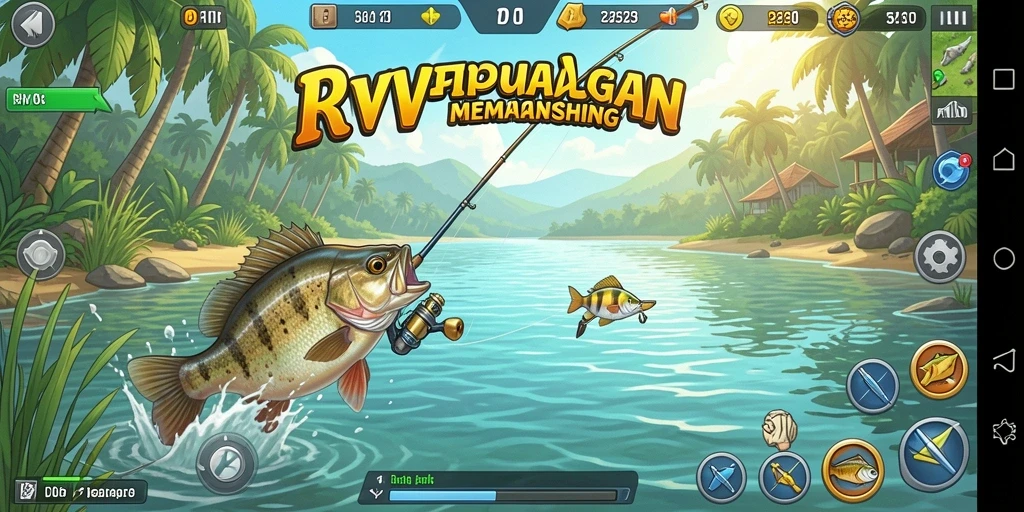 Screenshot gameplay RPVIP6 menampilkan aksi memancing yang menarik dan beragam ikan.
