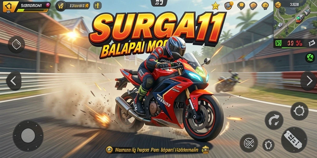Gameplay menegangkan dalam SURGA11 dengan balapan motor cepat.